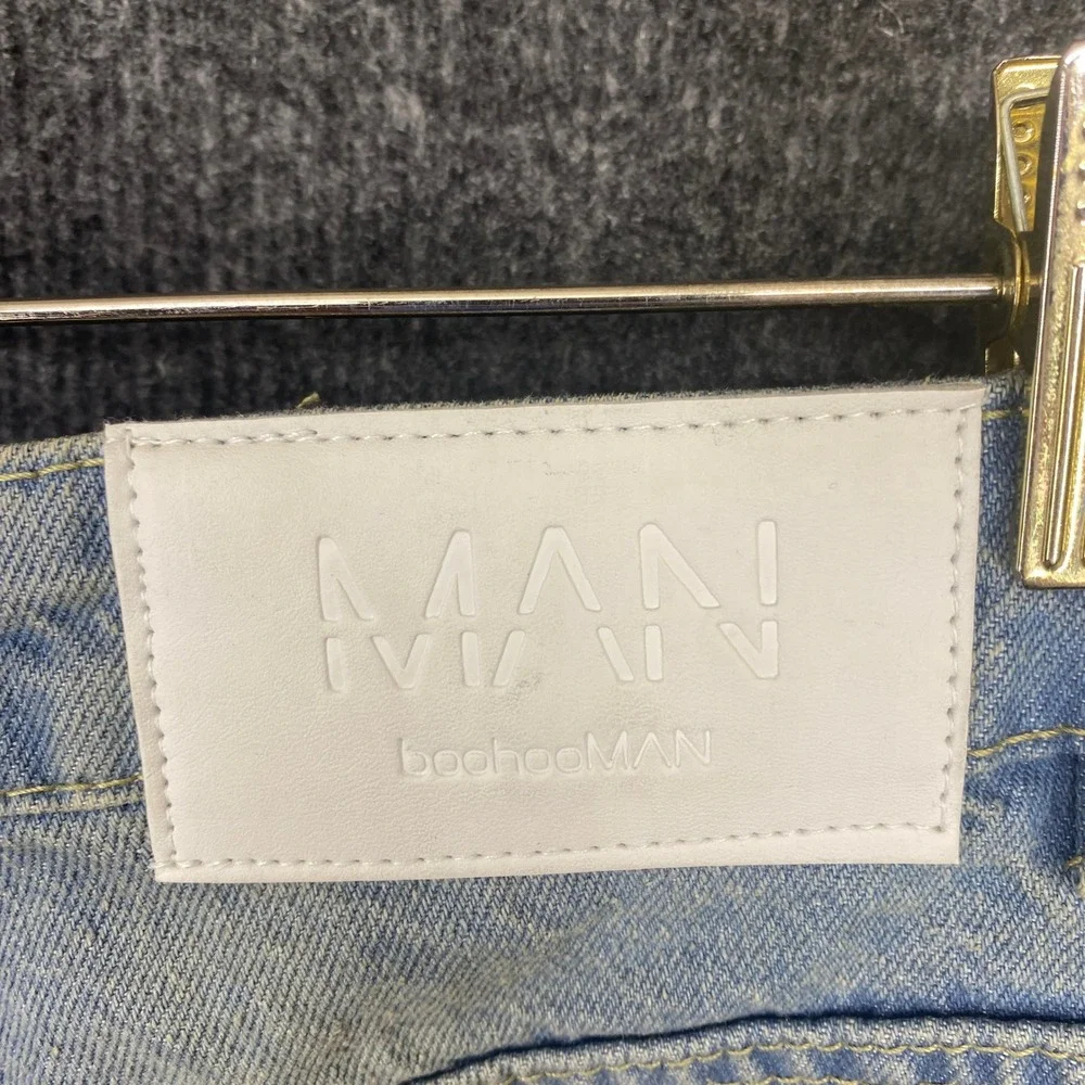 boohooMAN Mens Wide Leg Light Wash Denim Jeans Adjustable Toggle Hem Blue 32R
